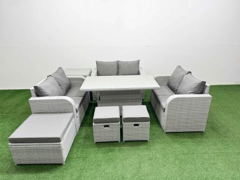 Fimous 9 Seater PE Wicker Rattan Furniture Sofa Sets with Adjustable Lifting Dining or Coffee Table 2 Seater Love Sofa 3 Stool Side Table Light Grey