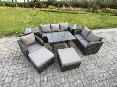 Fimous 8 PCS Outdoor Lounge Sofa Set Wicker PE Rattan Garden Furniture Set with Rectangular Dining Table Armchair 2 Big Footstool 2 Side Tables Dark Grey Mixed