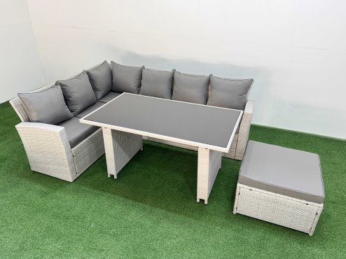 Fimous 7 Seater Wicker Rattan Corner Sofa Sets Outdoor Garden Furniture Sets with Rectangular Dining Table Lounge Sofa Big Footstool Light Grey