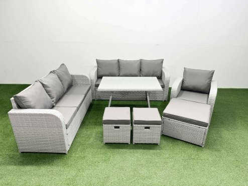 Fimous 7 Pieces Outdoor PE Rattan Garden Furniture with Cushions Reclining Chair 3 Stool Light Grey