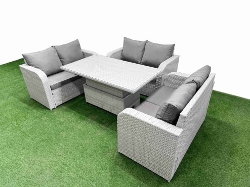 Fimous 6 Seater PE Wicker Rattan Furniture Sofa Sets with Adjustable Lifting Dining or Coffee Table 2 Seater Love Sofa Light Grey