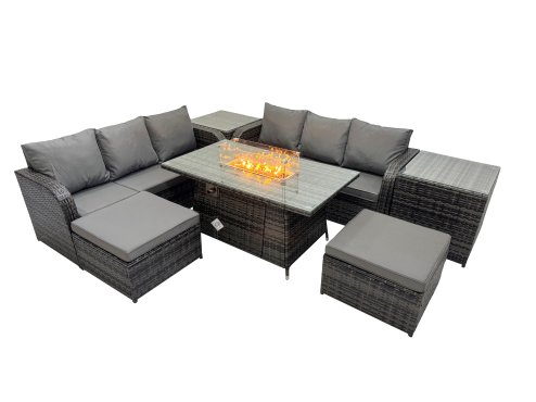 Fimous Garden Outdoor Rattan Furniture Set Rattan 3 Seater Sofa with 2 Big Stools 2 Side Tables Dark Grey Mixed
