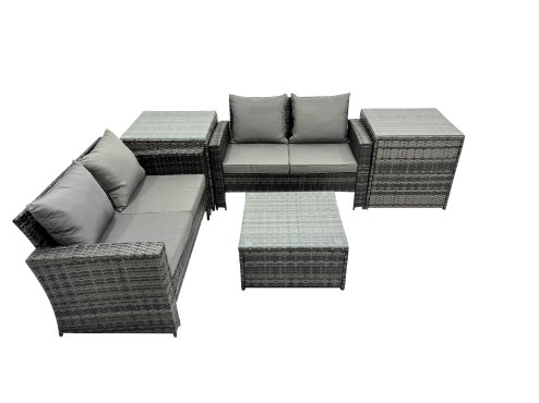 Fimous PE Rattan Garden Furniture Set Lounge Double Seat Sofa Coffee Table Set with 2 Side Tables Dark Grey Mixed