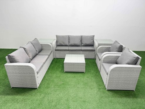 Fimous PE Rattan High Back Lounge Sofa Set Patio Square Coffee Table & Chairs Set with 3 Seater Sofa Reclining Chair 2 Side Table Light Grey