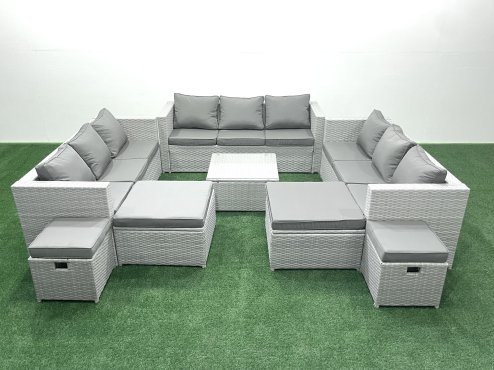 Fimous Rattan Garden Outdoor Furniture Set 13 Seater Rattan Garden Sofa Set with 4 Footstools Light Grey Mixed