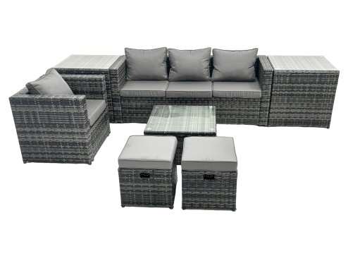 Fimous Outdoor Rattan Garden Furniture Set 6 Seater Patio Lounge Sofa Set with Armchair Square Coffee 2 Table Side Table 2 Small Footstools Dark Grey Mixed