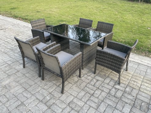 Fimous Wicker PE Outdoor Rattan Garden Furniture Arm Chair And Table Dining Sets 6 Seater Rectangular Table Dark Grey Mixed