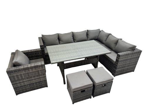 Fimous Rattan Garden Furniture Set Outdoor 10 Seater Patio Dining Corner Sofa Sets with Dining Table Chair 2 Small Stools Dark Grey Mixed