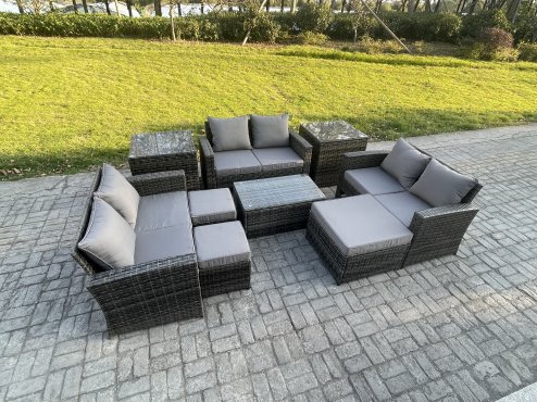 Fimous 9pc Rattan Sofa Garden Furniture Outdoor Patio Set with 2 Side Tables 3 Footstools Love Seat Sofa Dark Grey Mixed