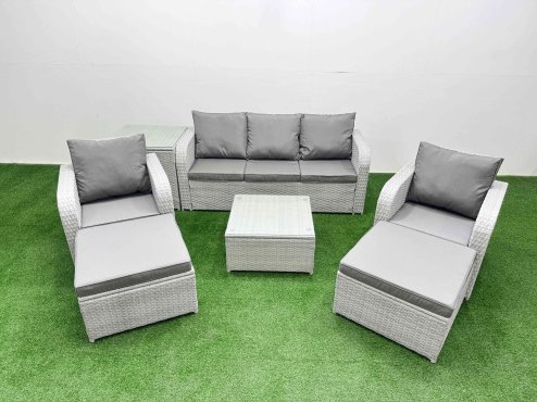 Fimous PE Rattan Garden Furniture Set Reclining Chair Sofa Lounge Sofa Set Square Coffee Table Side Table 2 Big Footstool Light Grey