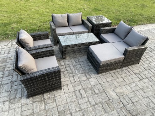 Fimous 7 Seater Dark Grey Mixed High Back Rattan Sofa Set Coffee Table Garden Furniture Outdoor Patio With Love Sofa Arm Chairs Big footstool Side Table