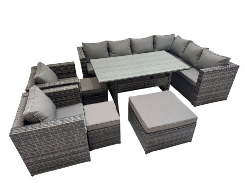 Fimous Rattan Garden Furniture Set Outdoor 11 Seater Patio Dining Corner Sofa Sets with Dining Table 2 Chairs 3 Stools Dark Grey Mixed