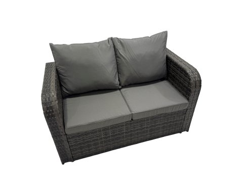 Fimous Outdoor Love Sofa Coffee Table Set Garden Rattan Furniture Set 6 Seater with 2 Side Tables 2 Big Stools Dark Grey