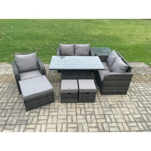Fimous 8 Seater Rattan Furniture Garden Dining Set Outdoor Height Adjustable Rising lifting Table Love Sofa Chair With Side Table 3 Footstools