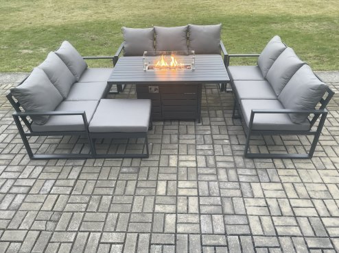 Fimous Aluminium 10 Seater Garden Furniture Outdoor Set Patio Lounge Sofa Gas Fire Pit Dining Table Set with Big Footstool Dark Grey