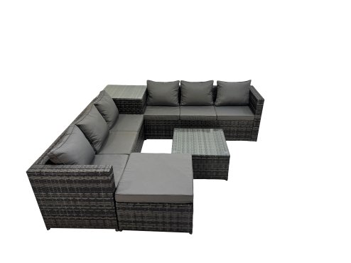 Fimous 7 Seater Garden Outdoor Rattan Furniture Set Patio Corner Sofa Coffee Table with Big Stool Dark Grey