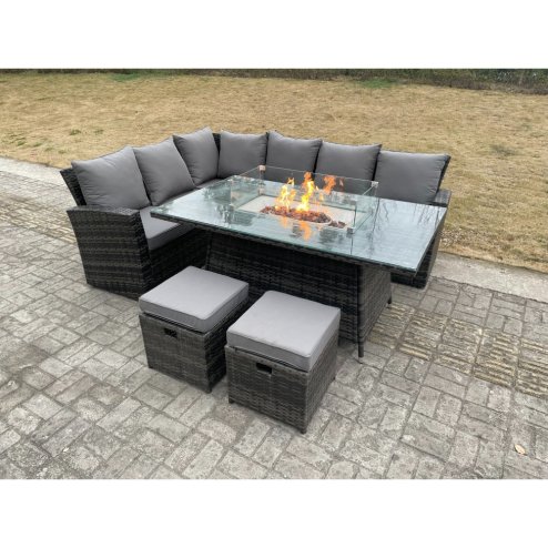 Fimous High Back Rattan Garden Furniture Sets Gas Fire Pit Dining Table Set Gas Heater Left Corner Sofa Small Footstools 8 Seater