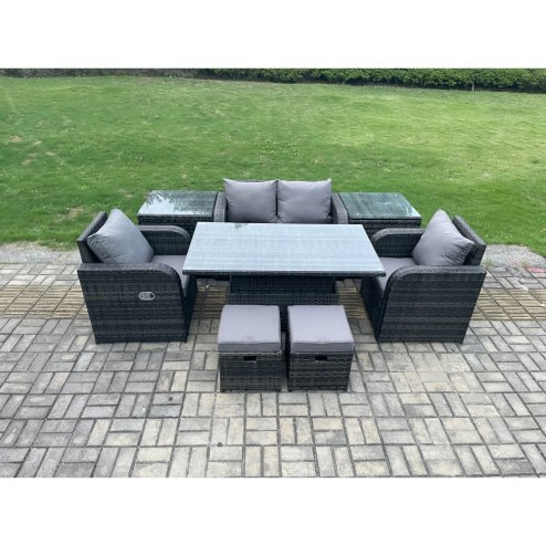 Fimous 6 Seater Rattan Outdoor Furniture Garden Dining Set Patio Height Adjustable Rising lifting Table Love Sofa Chair With 2 Side Tables Stools