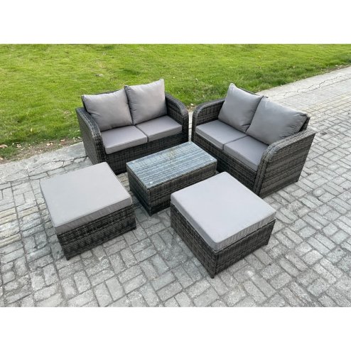 Fimous Rattan Garden Furniture Set 6 Seater Patio Outdoor Lounge Sofa Set with Rectangular Coffee Table 2 Big Footstool Dark Grey Mixed