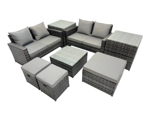 Fimous PE Rattan Garden Furniture Set Lounge Double Seat Sofa Coffee Table Set with 2 Side Tables 3 Stools Dark Grey Mixed