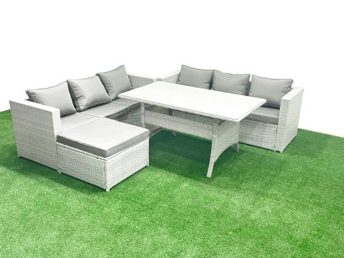 Fimous Rattan Garden Furniture Set 7 Seater Outdoor Sofa Set with Dining Table Big Footstool Light Grey Mixed