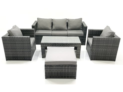 Fimous Rattan Garden Furniture Set Outdoor Lounger Sofa with Coffee Table 2 Armchair Big Footstool Dark Grey Mixed