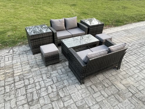 Fimous High Back Rattan Garden Furniture Sofa Sets with Rectangular Coffee Table 2 Side Tables 2 Small Footstools Dark Grey Mixed