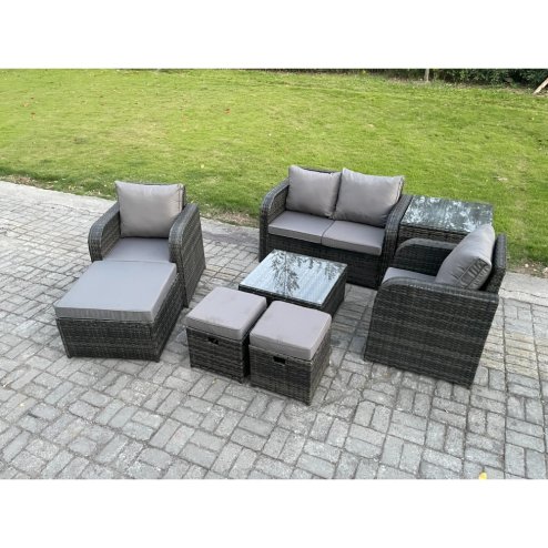 Fimous Rattan Garden Furniture Set Patio Conservatory Indoor Outdoor 8 Piece Set with Love Sofa Square Coffee Table 3 Footstools Side Table
