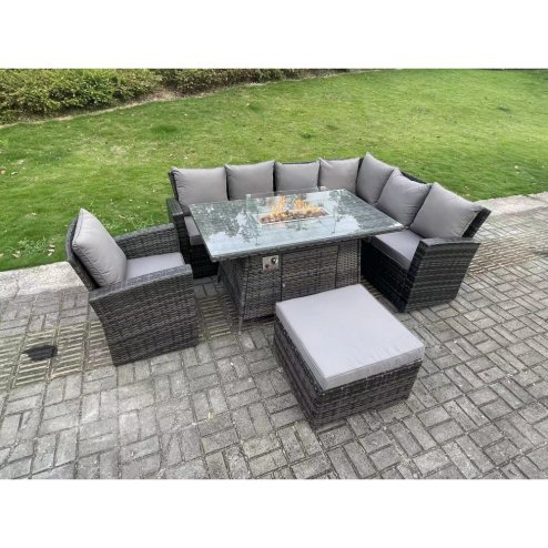 Fimous 8 Seater?Outdoor Rattan Gas Fire Pit Sofa Dining Set Garden Furniture Heater Dining Table Chair Dark Grey Mixed Right Side