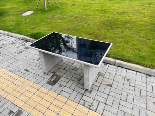 Fimous Light Grey Rattan Outdoor Garden furniture Set Black Tempered Glass Dining Table and 6 Chairs Set with Seat Cushion