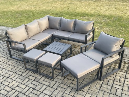 Fimous Outdoor Garden Furniture Set Aluminium Lounge Sofa Square Coffee Table Sets with Chair 3 Footstools Indoor Conservatory Set Dark Grey