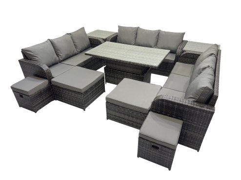 Fimous Rattan Garden Furniture Dining Set 13-seater Patio Height Adjustable Rising Lifting Table Sofa Set with 2 Side Tables Dark Grey Mixed