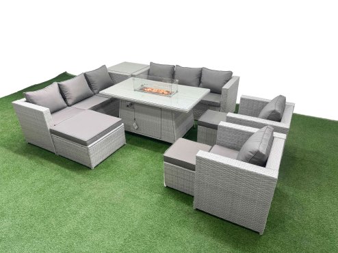 Fimous 11 Seat PE Rattan Lounge Sofa Set Outdoor Garden Furniture Set with Firepit Dining Table 3 Seater Sofa 3 Footstools Side Table Light Grey