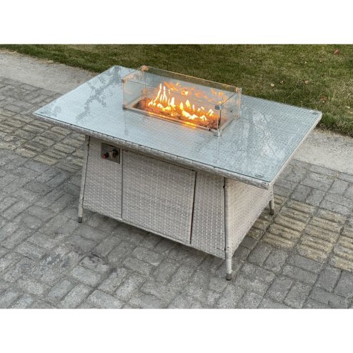 Fimous Light Grey Corner Rattan Fire Pit Garden Furniture Set Gas Heater Burner Lounge Sofa Dining Table With Side Coffee Table