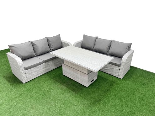 Fimous Outdoor Garden Furniture Sets 6 Seater Wicker Rattan Furniture Sofa Sets with Adjustable Lifting Dining or Coffee Table high Back Lounge Sofa Light Grey