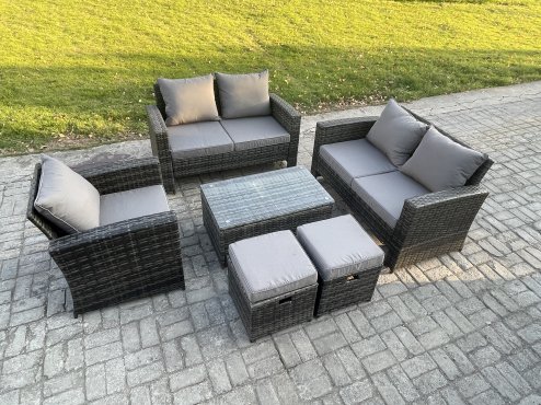 Fimous Rattan Garden Furniture Set 7 Seater Patio Outdoor Lounge Sofa Chair Set with Rectangular Coffee Table 2 Small Footstools Dark Grey Mixed