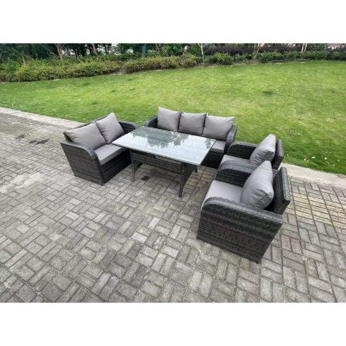 Fimous 7 Seater Dark Grey PE Wicker Rattan Garden Furniture Set Reclining Chair Love Seat 3 Seater Sofa Set Outdoor Rectangular Dining Table
