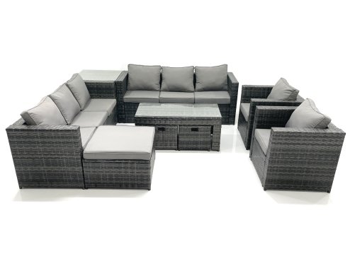 Fimous Rattan Garden Furniture Sofa Set with Coffee table Armchair Side Table 3 Footstools Dark Grey Mixed