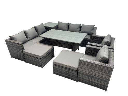 Fimous Outdoor Corner Sofa Chair Dining Table Set Garden Rattan Furniture Set 10 Seater with Side Table 2 Big Stools Dark Grey