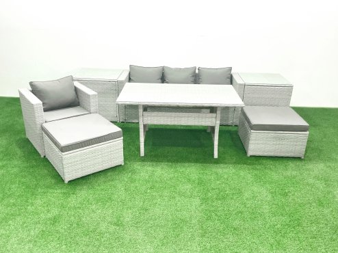 Fimous Rattan Garden Furniture Set Outdoor 6 Seater Patio Dining Sets with Glass Top Dining Table 2 Side Tables Light Grey Mixed
