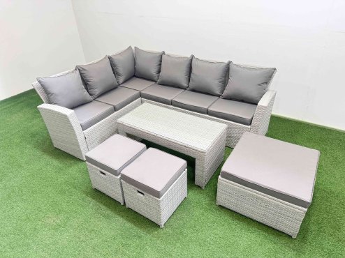 Fimous Rattan Garden Furniture Set Outdoor 9 Seater Corner Sofa Sets with Oblong Coffee Table 3 Footstools Light Grey Mixed