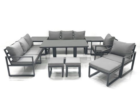 Fimous Garden Sofa Set Aluminium Furniture Rising Dining Tabe Set with 2 Chair 3 Footstools 2 Side Tables Dark Grey