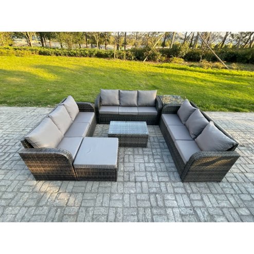 Fimous Rattan Lounge Sofa Set 10 Seater Outdoor Garden Furniture Set with Rectangular Coffee Table 3 Seater Sofa Big Footstool Side Table Dark Grey Mixed