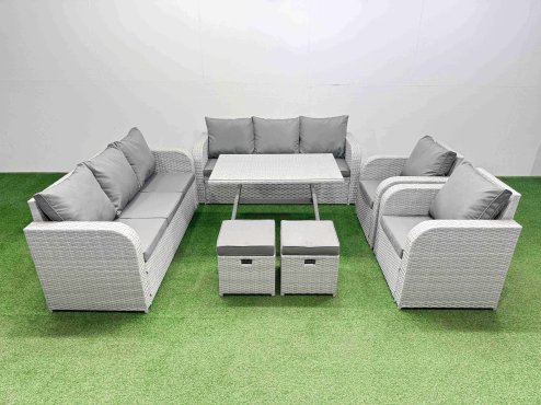 Fimous Rattan High Back Lounge Sofa Set Patio Dining Table & Chairs Set with 3 Seater Sofa 2 Reclining Chairs 2 Small Stool Light Grey