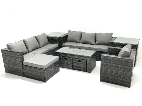 Fimous Outdoor Garden Furniture Set 10 Seater Rattan Sofa Set with Coffee Table 3 Footstools Armchair 2 Side Tables Dark Grey Mixed