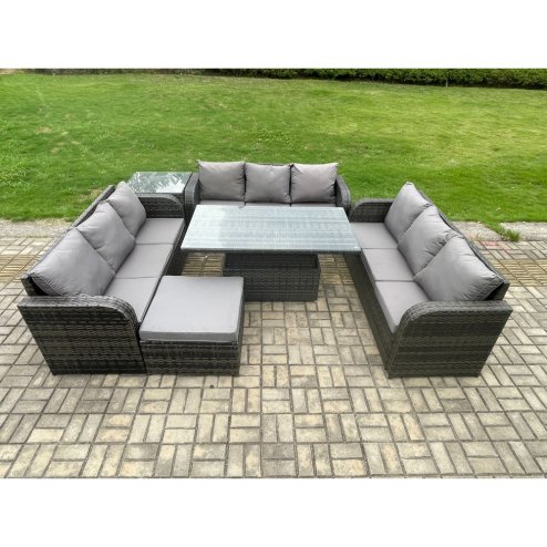 Fimous Patio Garden Dining Set Outdoor Rattan Furniture Lounge Sofa Height Adjustable Rising lifting Table With Side Table Big Footstool Dark Grey Mixed