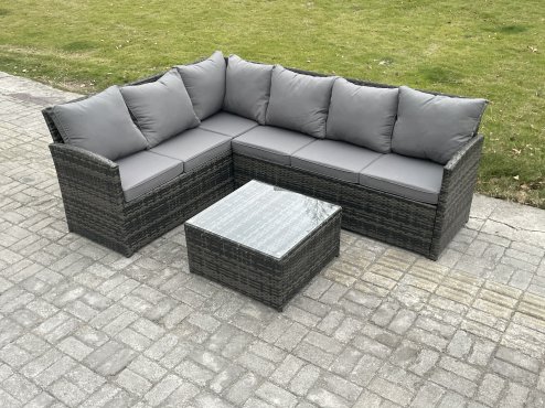 Fimous 6 Seater Outdoor Garden Furniture Set Wicker PE Rattan Corner Sofa Set with Square Coffee Table Dark Grey Mixed