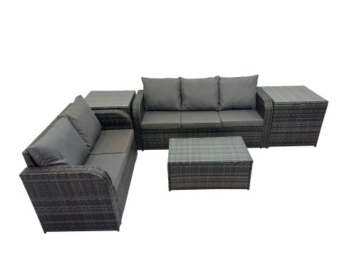 Fimous Outdoor Love Sofa 3 Seater Sofa Coffee Table Set Garden Rattan Furniture Set 5 Seater with 2 Side Tables Dark Grey