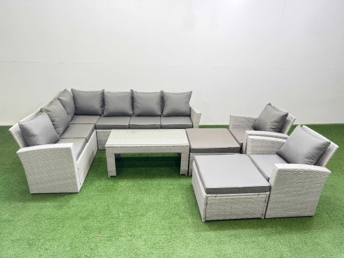 Fimous Rattan Garden Furniture Set Outdoor 10 Seater Corner Sofa Sets with Oblong Coffee Table Chair Big Footstools Light Grey Mixed