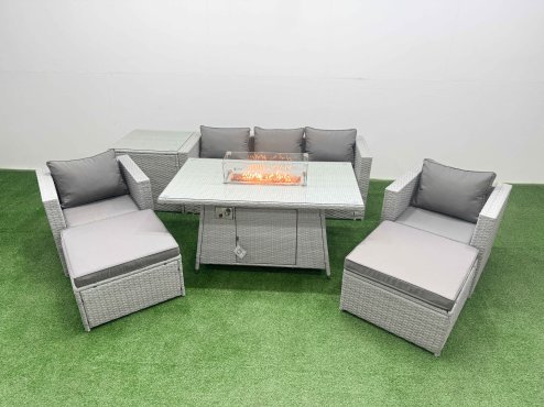 Fimous 7 Seat PE Rattan Lounge Sofa Set Outdoor Garden Furniture Set with Firepit Dining Table 3 Seater Sofa 2 Big Footstools Side Table Light Grey